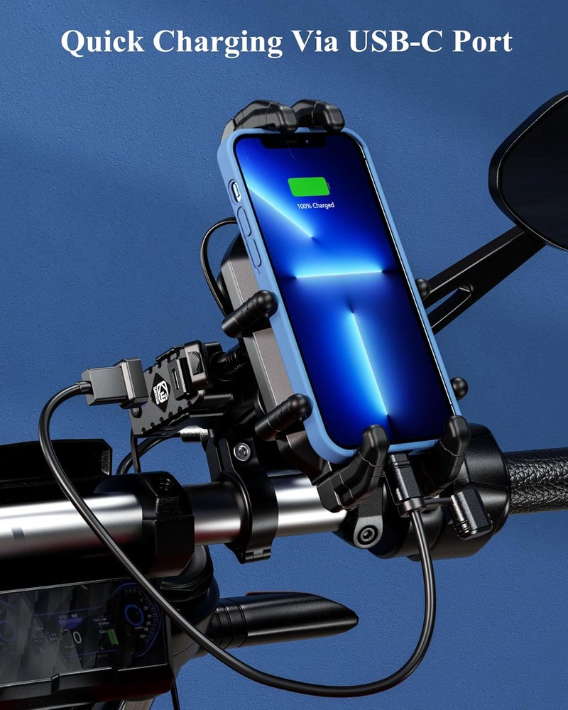 BRCOVAN Motorcycle Phone Mount Holder with Qi 15W Wireless Charger & 30W PD/USB-C Fast Charging Port, Anti-Theft Handlebar Cellphone Cradle with Vibration Dampener, Adjustable for 5.4-7.2'' Smartphone - Image 5